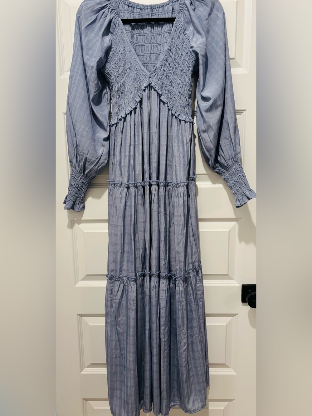 NWT- R. Vivimos Smocked V-Neck Maxi Dress in Dusty Blue